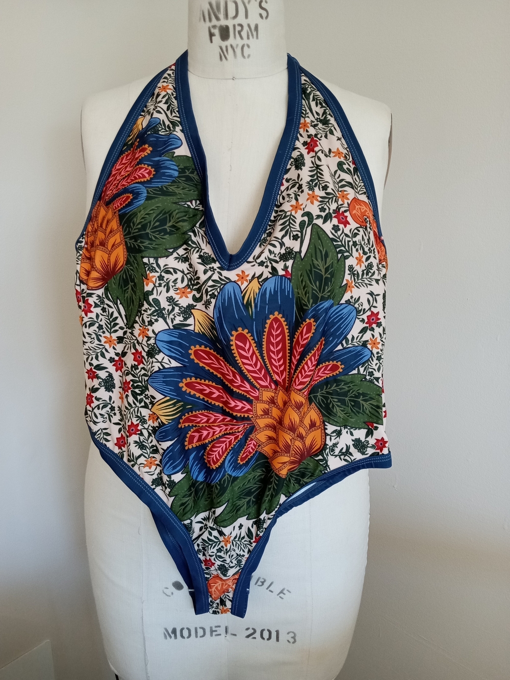 Floral Halter One-Piece Swimsuit in Blue, Green, Orange, Red L 10-12
